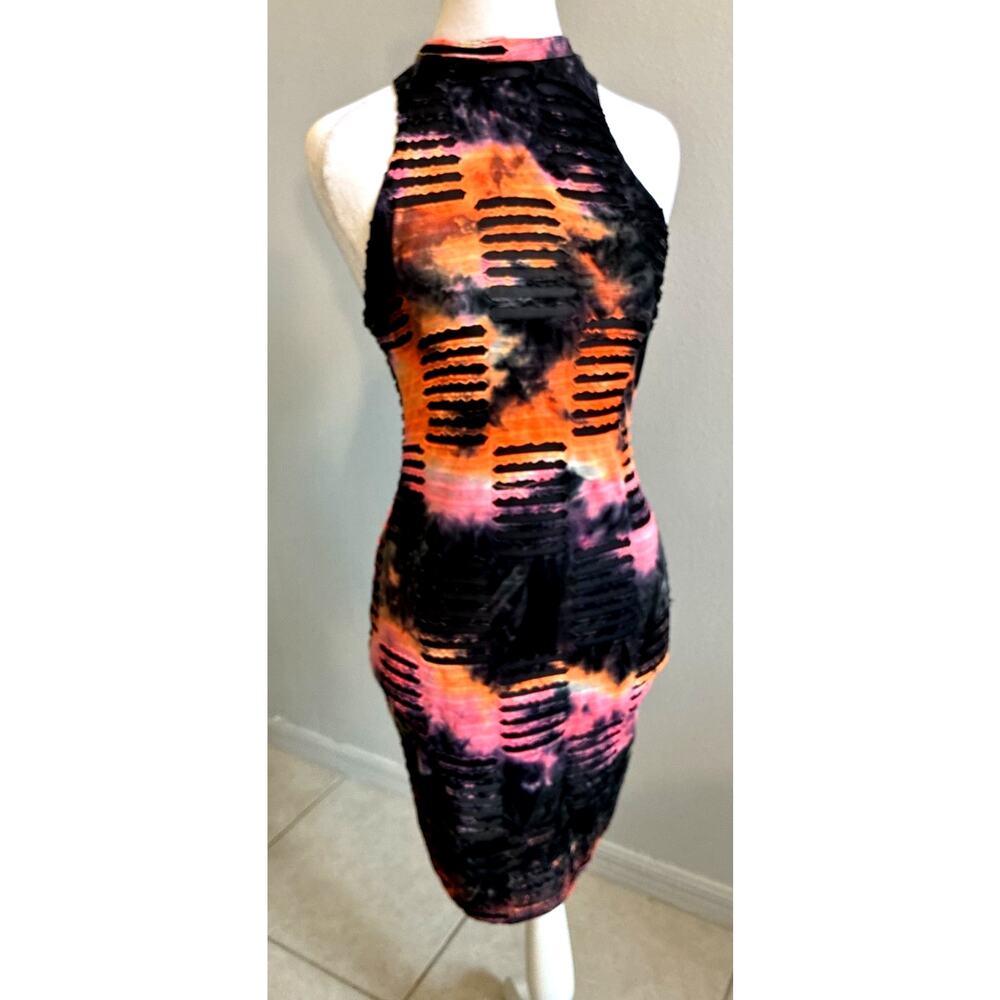 Sheer Mesh Neon Orange Pink Dress Punk Bodycon Sexy Rave Cut Out Festival Boho M